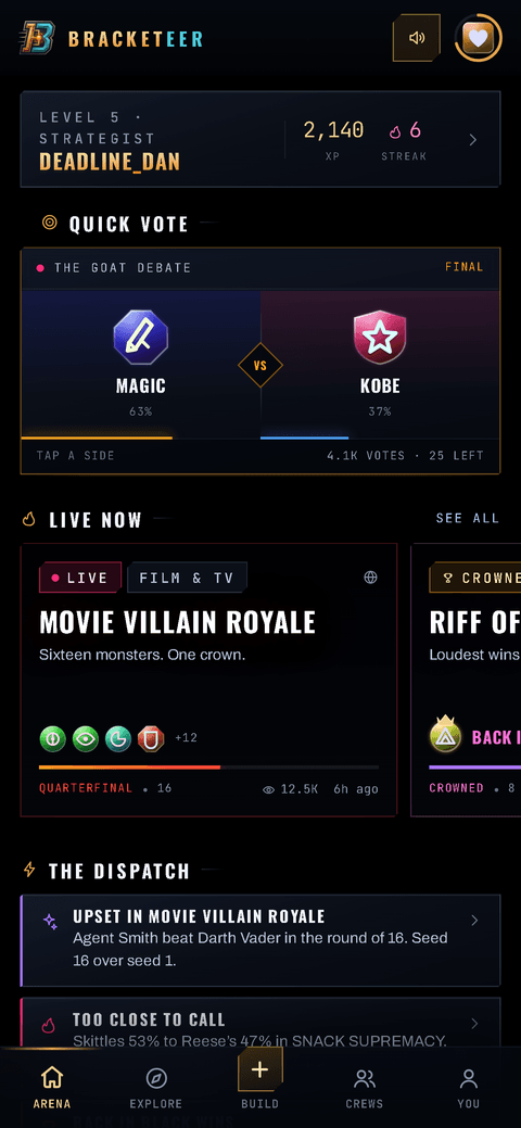 The arena feed with a quick vote card, live brackets and the dispatch