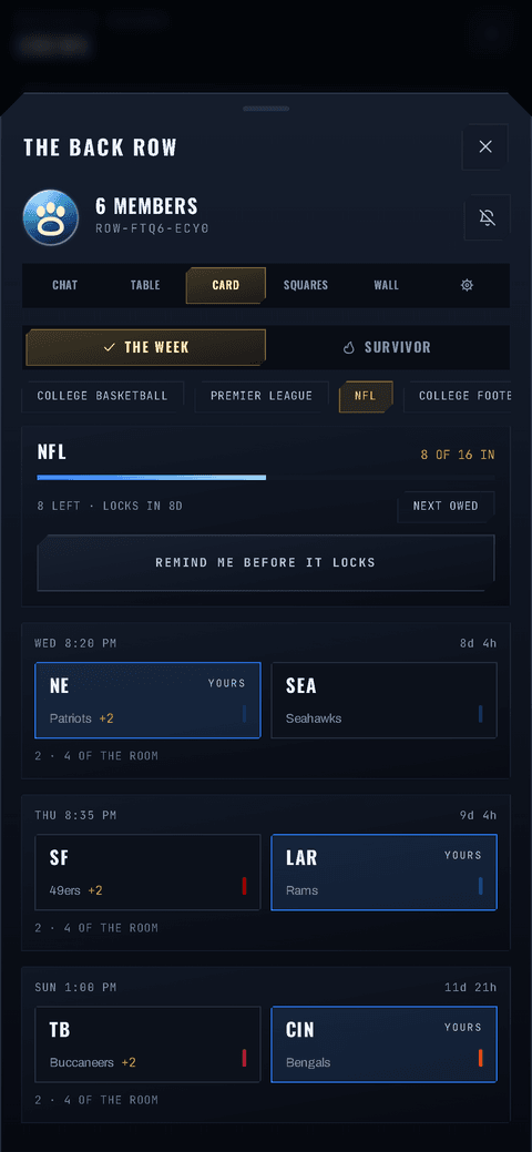 A crew room on the CARD tab: this week's NFL games, one pick made on each, with the lock countdown beside them