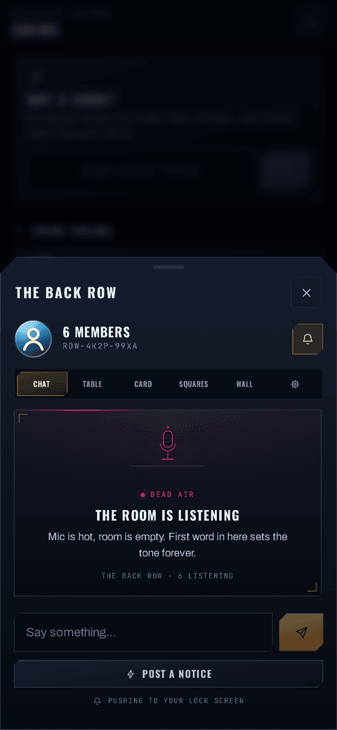 A crew room with chat, notices and the invite code