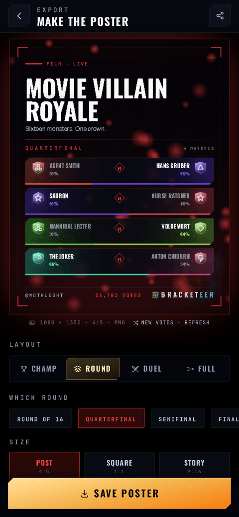 The poster export screen with a round card ready to save