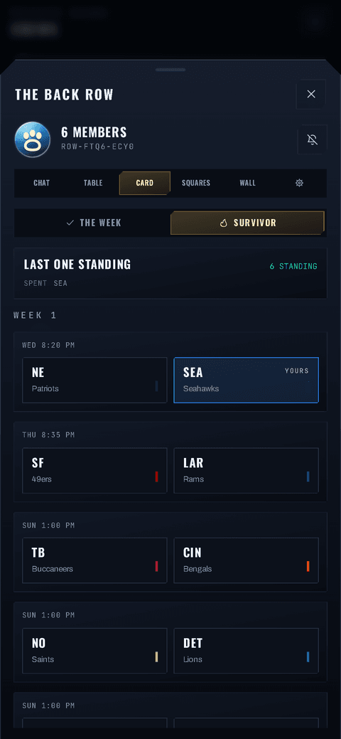 The survivor side of the card: one pick a week, the team already spent marked, and six still standing
